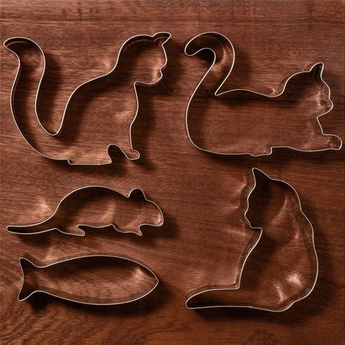 LILIAO Cat Cookie Cutter Set - 5 Piece - Curled Cat, Sitting Cat, Playing Cat, Mouse and Fish Biscuit Fondant Cutters - Stainless Steel