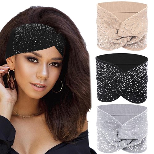 Sliverdew Head Wraps for Black Women,3 Pcs Sparkly Headbands Crystal Wide Headbands Bling Fancy Headbands Sparkle Head Scarf Turban Headband Stretchy Hair Bands African Elastic Hair Accessories