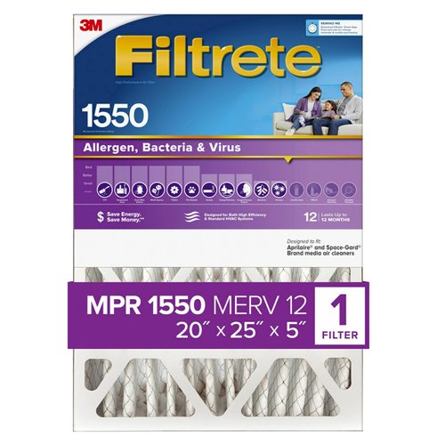 Filtrete 20x25x5 AC Furnace Air Filter, MPR 1550, MERV 12, Fit Trion Air Bear Furnace, CERTIFIED Asthma & Allergy Friendly, Electrostatic Air Cleaning Filter, 1-Pack (actual size 19.56 x 24.13 x 4.75)