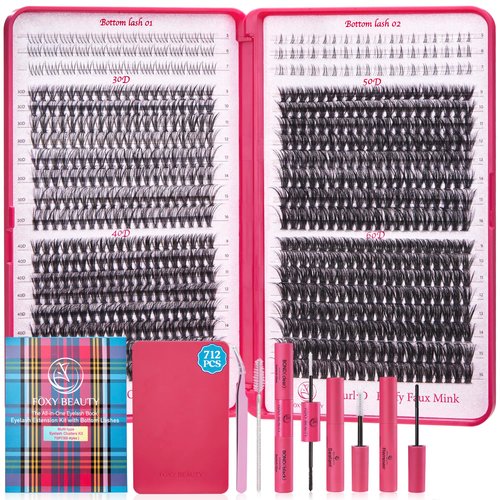 Lash Clusters Kit with Bottom Lashes, Lash Extension Kit With 30D40D50D60D Fluffy Upper Wispy Lash Clusters & 2 Type Bottom Lash Clusters,EyeLash Extension Kit with Black Bond & Clear Glue 2 In 1