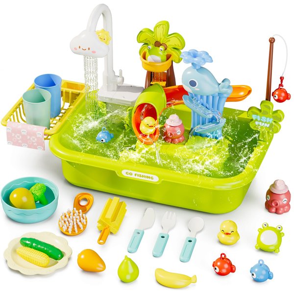 Wee Wonders 3 in 1 Play Sink with Running Water, Play Kitchen Sink Toy with Electric Faucet/Play Food/Pool Toys/Fishing Game, Pretend Play Water Table for Toddlers 3-5, Water Toys for Kids Ages 4-8