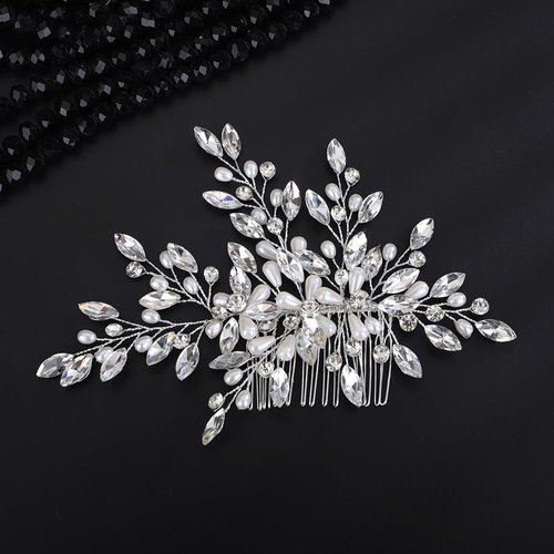 Teyglen Bridal Rhinestone Wedding Hair Comb Silver Crystal Pearl Side Comb Bridal Hair Piece Wedding Hair Accessories for Women Girls