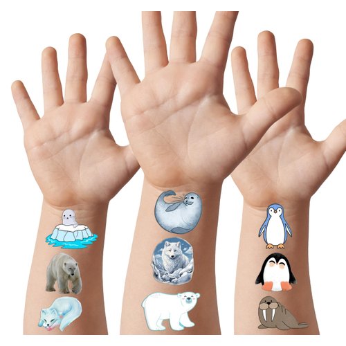 96pcs Polar Bear, Penguin, Seal, Arctic Fox Tattoos Stickers | Arctic Animal Temporary Tattoos Stickers | Winter Birthday Party Decorations Supplies Favors Gifts for Kids Pre School
