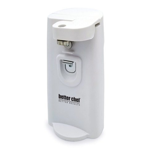 Better Chef Electric Tall Can Opener | 3-in-1 | Built in Knife Sharpener & Bottle Opener | Cord Storage | Auto-Stop (White)