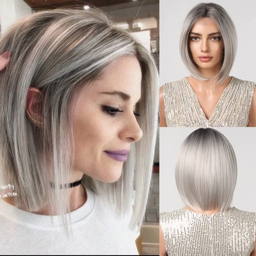 Alanhair Gray Ombre Sliver Straight Short Bob Synthetic Heat Resistant Fiber Wig for Women Middle...