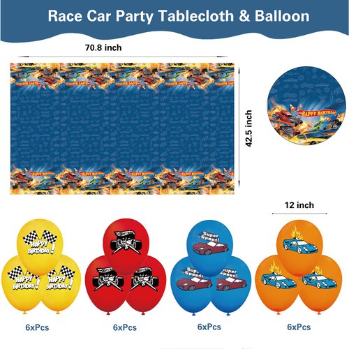 77 Pcs Hot Car Birthday Party Supplies,Included Banner,Hanging Swirls,Tablecloth,Cake Topper,Cupcake Toppers,Gift Bag, Invitation Card,Balloon for Boy and Girl Wheel Party Decorations
