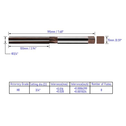 FOCMKEAS Hand Reamer 3/4" Alloy Tool Steel 9Crsi H8 6 Straight Flutes Hand Milling Cutter Tool