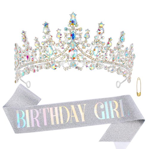 CHANACO Birthday Crown Tiaras for Women Birthday Girl Sash Crystal Birthday Tiara AB Rhinestone Birthday Headband Princess Crown for Girls Hair Accessories Happy Birthday Party Decorations