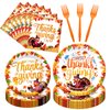 96 Pieces Happy Thanksgiving Tableware Set Party Supplies - Fall Harvest Pattern Disposable Dinnerware with Paper Plates, Napkins, Forks for Autumn and Thanksgiving Dinner BBQ Picnic Favors