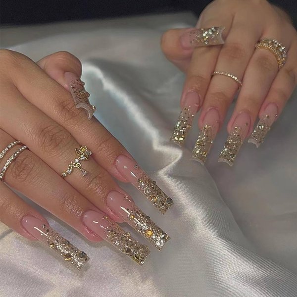 IMRAIN Press on Nails Long Square Fake Nails Golden Glitter Powder French False Nails Tips with Shiny Rhinestone Designs Glossy Acrylic Artificial Glue on Nails for Wedding Birthday 24Pcs