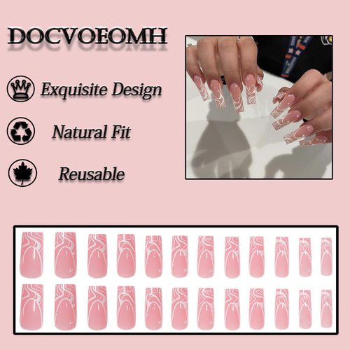 DOCVOEOMH Press on Nails Long Square Pearls Fake Nails False Glue on Nails for Women and Girls 24PCS