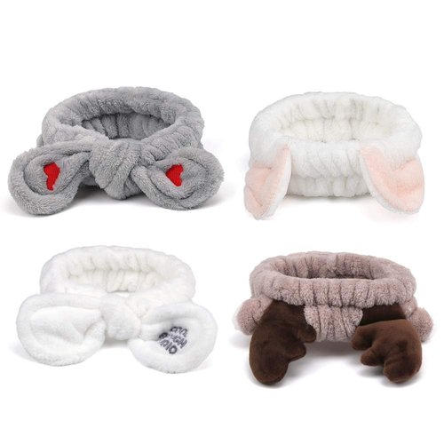 AHONEY Makeup Spa Headband Face Wash Headband for Women Girls Cute Headbands Animal Ears Shower 4Pcs Coral Fleece Hair Band Women Cosmetic Headwrap for Spa Yoga Makeup Washing Face
