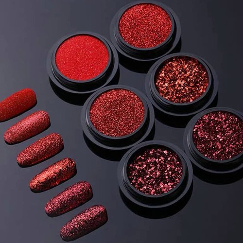 Nail Art Glitter Sequins 6 Boxes Red Crystal Diamond Nail Powder 3D Holographic Nail Art Powder Shiny Flakes Acrylic Nail Glitters Set for Valentine's Day Nail Decoration Manicure Tips Charms
