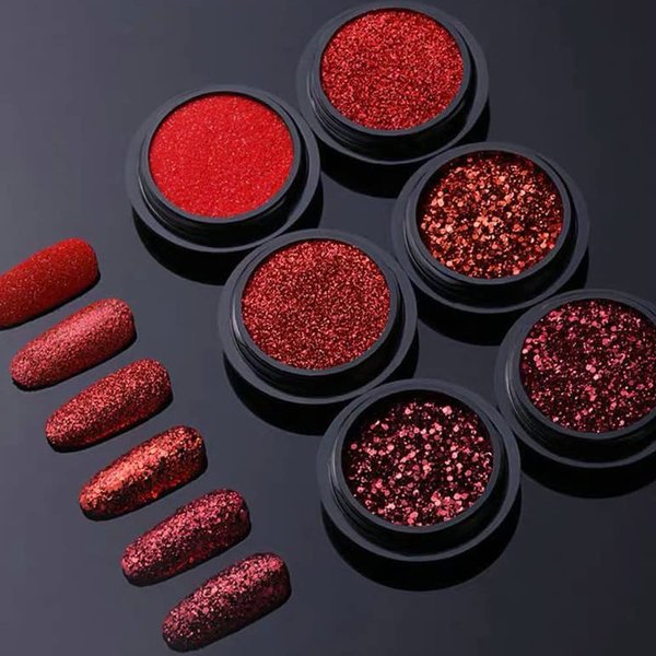 Nail Art Glitter Sequins 6 Boxes Red Crystal Diamond Nail Powder 3D Holographic Nail Art Powder Shiny Flakes Acrylic Nail Glitters Set for Valentine's Day Nail Decoration Manicure Tips Charms