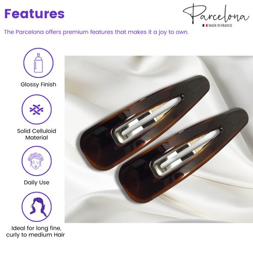 Parcelona French Clic Clac 3 1/4" Tortoise Shell Brown Celluloid No Slip Grip Snap Hair Clips for Women