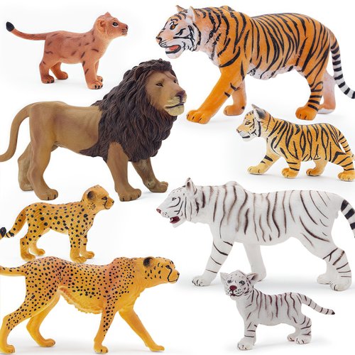 8 Pcs 2-5" Wild Life Animals Figure Playset, Realistic and Highly Detailed Tigers, Lions, Leopards Figurine with Cubs, Durable for Education and Fun Play, Perfect for Kids, Wild Animal Cake Toppers