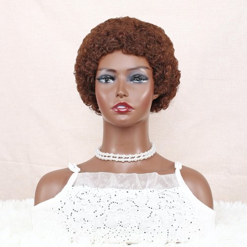 Somo Bella Short Afro Human Hair Wig, Medium Brown Afro Kinky Curly Short Wigs for Women and Men 4#