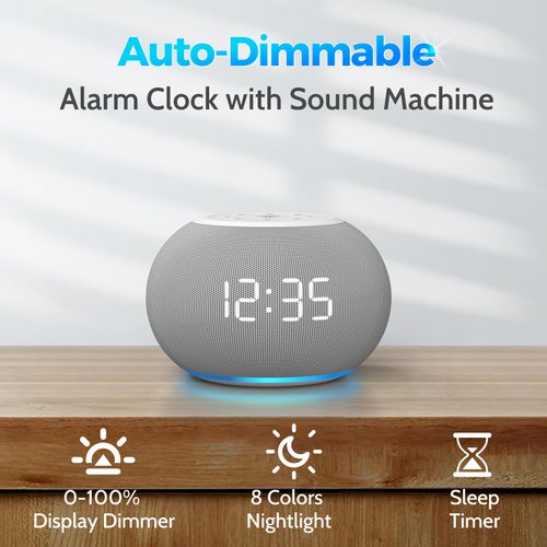 Reacher Auto-Dimmable Sound Machine Alarm Clock with Night Light, 20 Soothing Sounds, LED Digital Display, Sleep Timer, Precise Volume Control, White Noise Soother for Baby, Adults, Bedrooms
