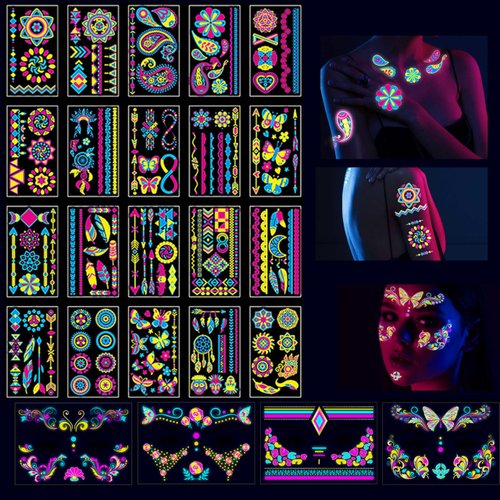 SNAIL GARDEN 24 Sheets Glow in the Dark Tattoos UV Neon,Temporary Party Tattoo,Long-lasting Body Fluorescent Tattoo Stickers for Face,Hand,Fingers,Arms, Back,Neck,Glow Temporary Tattoos for Adults