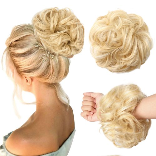 WZNBBOY Messy Bun Hair Piece Hair Bun Wavy Curly Scrunchies Chignon Ponytail Hair Extensions Fake Hair Bun Extensions Synthetic Tousled Updo Hairpieces for Women (Blonde)