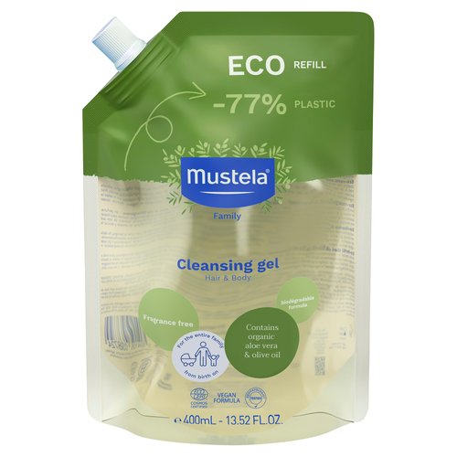 Mustela Certified Organic Eco-Refill Cleansing Gel - Natural Hair & Body Wash with Olive Oil & Aloe Vera - For Baby, Kid & Adult - Fragrance Free, Tear Free, Vegan & Biodegradable - 13.52 fl. oz.
