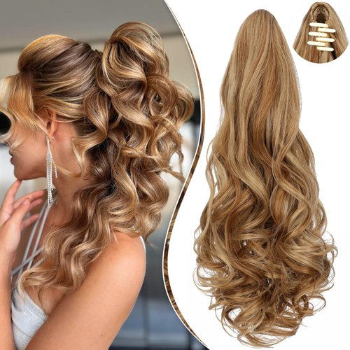 Leterly Ponytail Extension Claw 18" Curly Wavy Clip in Hairpiece Ponytail Hair Extensions Long Pony Tail Synthetic for Women Ash blonde mix Ginger Brown