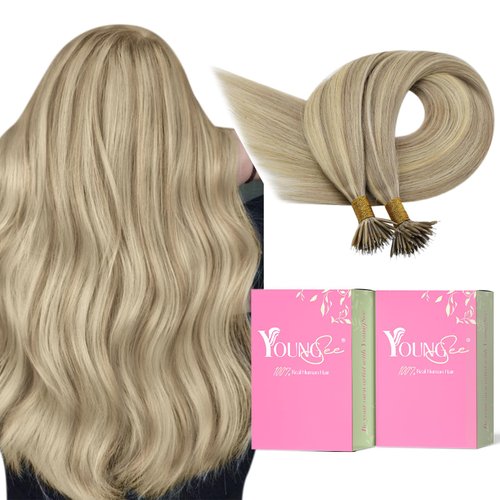 YoungSee Nano Beads Hair Extensions Blonde Hair Extensions Nano Ash Blonde Highlight Golden Blonde Nano Ring Hair Extensions For Women Nano Tips Hair Extensions Cold Fusion 14in 50g 50s