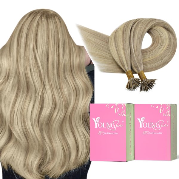 YoungSee Nano Beads Hair Extensions Blonde Hair Extensions Nano Ash Blonde Highlight Golden Blonde Nano Ring Hair Extensions For Women Nano Tips Hair Extensions Cold Fusion 14in 50g 50s