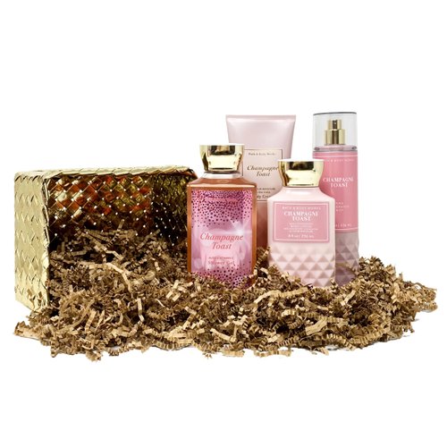 Generic Bath and Body Work CHAMPAGNE TOAST Golden Woven Basket 4 Piece Bundle Set - Fragrance Mist - Body Cream - Shower Gel and Body Lotion - Full Size, Pink