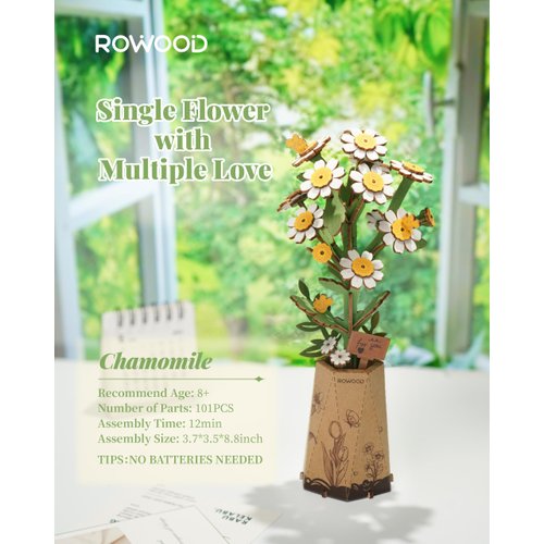 rowood 3D Puzzle Wooden Flower,DIY Flower Building Block Set Craft Kit for Kids,Mother's Day/Valentine's Day/Teacher's Day/Thanksgiving/Christmas/Birthday Gift for Mom/Grandma-Chamomile