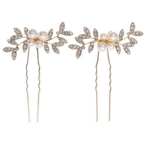 2PCS Wedding Hair Pins for Bride Gold Bridal U Hair Pins with Crystal and Pearl for Wedding Party