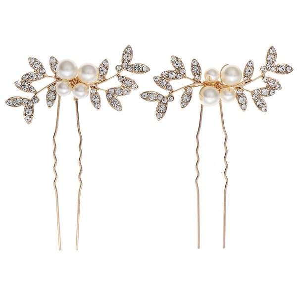 2PCS Wedding Hair Pins for Bride Gold Bridal U Hair Pins with Crystal and Pearl for Wedding Party