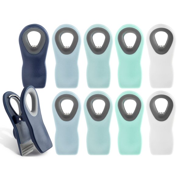 COOK WITH COLOR 10 Pc Bag Clips with Magnet- Food Clips, Chip Clips, Bag Clips for Food Storage with Air Tight Seal Grip, Snack Bags and Food Bags (Blue Ombre, Shades of Blue, Green and White)