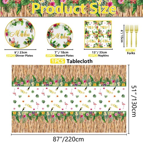 Luau Party Decorations, 81Pcs Hawaiian Party Decorations with Plates, Grass Skirt Tablecloth, Napkins, Forks for Summer Beach Party Aloha Party