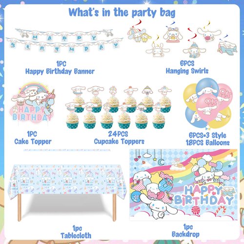 kawaii Birthday Party Decorations, kawaii Party Supplies Include Banner, Backdrop, latex Balloons, Hanging Swirls, Foil Balloon, Cake Cupcake Toppers, Tablecloth