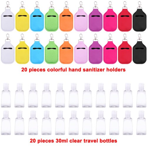 Duufin 40 Pieces Hand Sanitizer Keychain Holders Set Including 20 Pieces Hand Sanitizer Holder Bulk and 20 Pieces Empty Travel Size Bottles