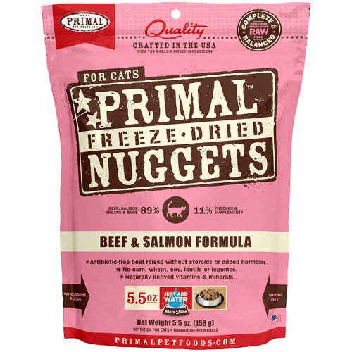 Primal Freeze Dried Cat Food Nuggets Beef & Salmon; Complete & Balanced Meal or Topper; Premium, Healthy, Grain Free, High Protein Raw Cat Food with Probiotics (5.5 oz)