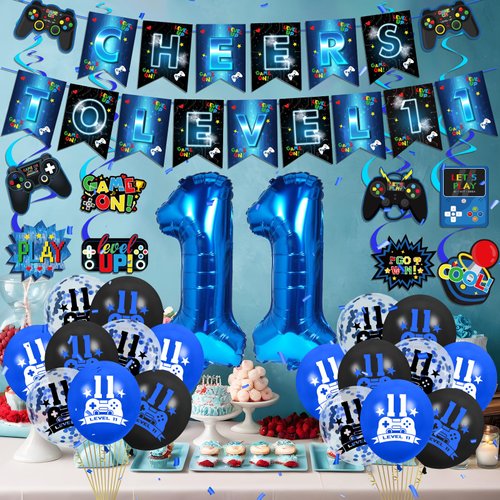 Video Game 11th Birthday Party Decorations for Kids Blue and Black Cheers to Level 11 Banner Hanging Swirls Level Up 11 Balloons Kit for Boys Girls 11 Years Old Game Controller Birthday Supplies Decor