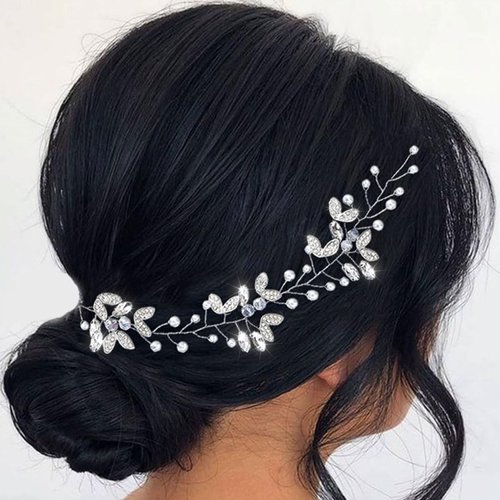 EASEDAILY Leaf Brides Hair Vine Silver Pearl Wedding Headpiece Crystal Hair Accessories for Women and Brides