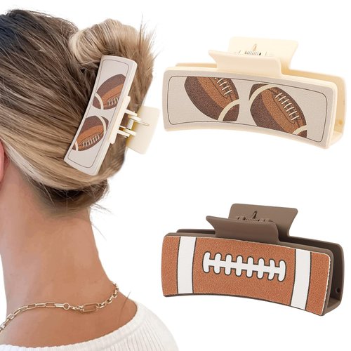 Hapdoo Football Hair Clips, Leather Square Hair Clips Party Accessories for Game Day, 4” Western Hair Clips Set Country Stuff Gifts for Women Girls