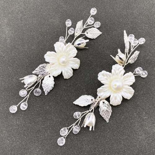 PRETTYLIFE Pearls Flower Hair Clips 2pcs Bridal White Floral Silver Leaf Vine Hair Pieces Accesso...