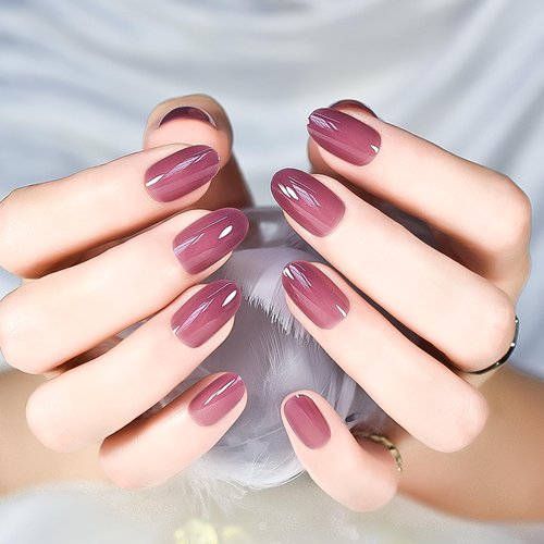 iBeautying Press on Nails - Taro Red Pure Color Semi-Transparent False Nails | UV Gel Finish Medium Short Small Round Shape Reusable Fake Nails - 24 Nail Kit with Jelly Glue Pad
