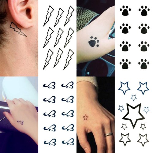 Oottati 30 Sheets Small Cute Temporary Tattoos Kit - Black Foot Print Camera Elephant Star Diamond Cross Bird Cat for Kids Women Men
