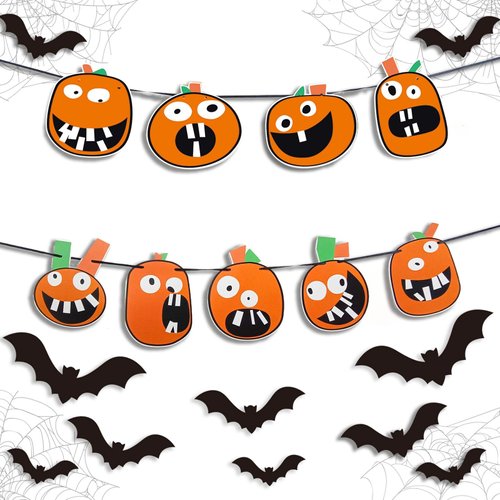 Halloween Decorations - Funny Pumpkin Banner 9 Pack with 12 Paper Bats - Perfect for Halloween Party, Trunk or Treat, Indoor & Outdoor Decor - Halloween Garland for Door, Wall, Birthday Party Supplies