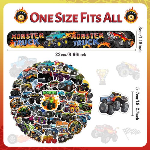 YYMYMGJ Monster Truck Party Favors, 24 Pcs Monster Truck Slap Bracelets 50 Pcs Monster Truck Stickers Monster Truck Birthday Party Decorations Supplies Gifts for Kids Boys Classroom Rewards