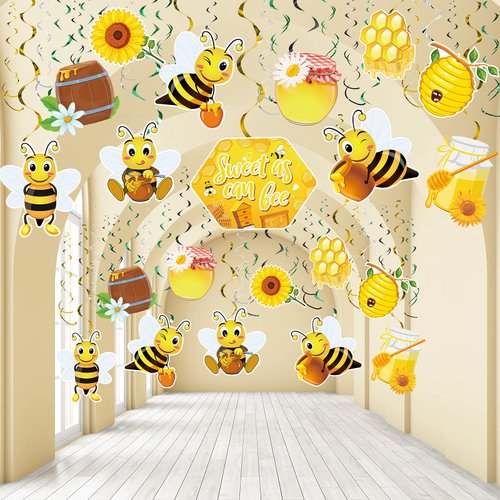 30 Pieces Bee Hanging Swirl Decorations, Bee Party Hanging Swirls Honey Bee Foil Ceiling Streamers Bee Themed Party Supplies for Kids Birthday Baby Shower Bee Day Party Decor