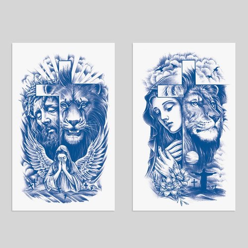 Oottati 2 Sheets Semi Permanent Waterproof Temporary Tattoos, 2 Weeks Long Last, 100% Plant-Based Ink Infinity Realistic Stickers, Lion Cross Jesus Maria