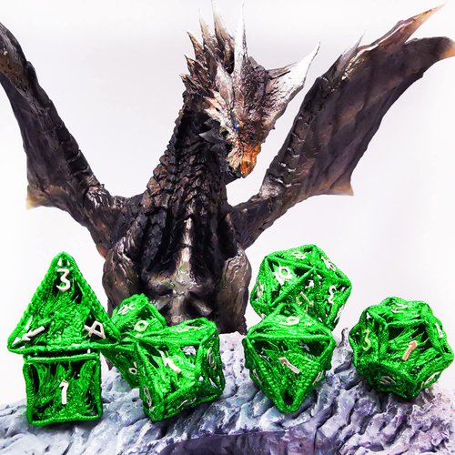 HAOMEJA Hollow Dragon Dice DND Metal Dice Set 7 Role Playing Dice D&D Dungeons and Dragons Dice (Green)