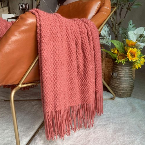 LOMAO Knitted Throw Blanket with Tassels Bubble Textured Soft Blanket Lightweight Throws for Couch Cover Home Decor (Red Mud, 50x60)