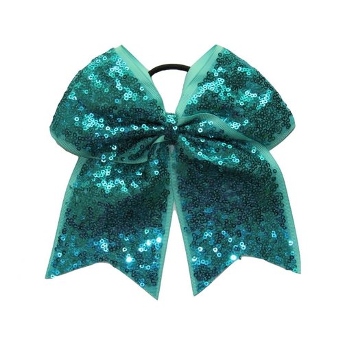 New "FANCY SEQUIN Ocean Teal" Cheer Bow Pony Tail 7 Inch Girls Hair Bows Cheerleading Dance Practice Football Games Competition School Uniform Birthday Grosgrain Ribbon